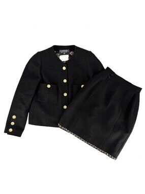 Chanel Set CC Logo Chain Collarless Jacket Skirt Vintage 38 Black Gold Wool